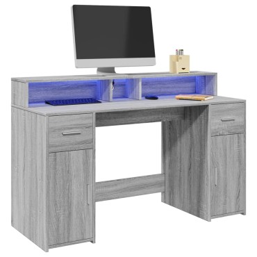 vidaXL Γραφείο με LED Γκρι Sonoma 140x55x91cm Επεξεργ. Ξύλο 1 τεμ.