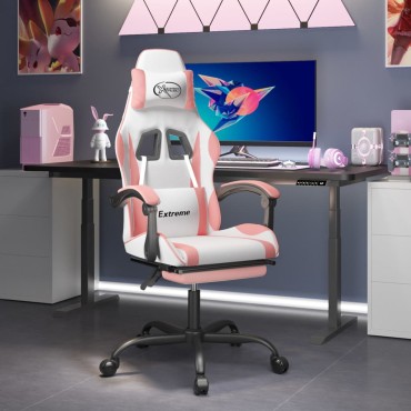 vidaXL Καρέκλα Gaming με Υποπόδιο Λευκό και Ροζ από Συνθετικό Δέρμα 57,5x59,5x(121-131)cm 1 τεμ.