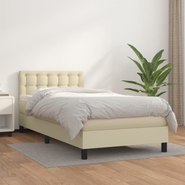 vidaXL Κρεβάτι Boxspring με Στρώμα Κρεμ 100x200cm από Συνθετικό Δέρμα 1 τεμ. - Μονό