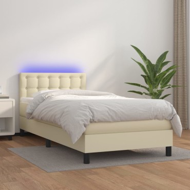 vidaXL Κρεβάτι Boxspring με Στρώμα & LED Κρεμ 100x200cm Συνθ. Δέρμα 1 τεμ. - Μονό