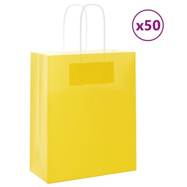 vidaXL Χάρτινες σακούλες 50 τεμάχια με χερούλια Κίτρινο 18x8x22 εκ.