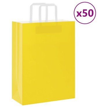 vidaXL Χάρτινες σακούλες 50 τεμάχια με χερούλια Κίτρινο 26x12x35 εκ.