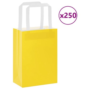 vidaXL Χάρτινες σακούλες 250 τεμάχια με χερούλια Κίτρινο 15x8x21 εκ.