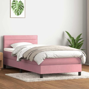 vidaXL Box Spring κρεβάτι με στρώμα ροζ 100x220cm Βελούδινο - Μονό
