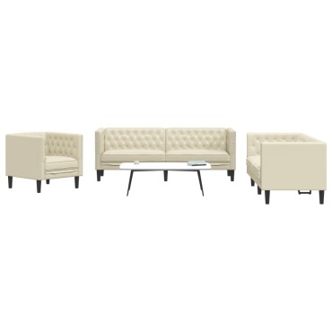 vidaXL Καναπές Chesterfield 3 τεμ. σετ Cream Faux Leather 71x74,5x70,5cm  Διθέσιος Τριθέσιος