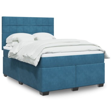vidaXL Κρεβάτι Boxspring με Στρώμα Μπλε 160x200cm Βελούδινο 1 τεμ. - Διπλό