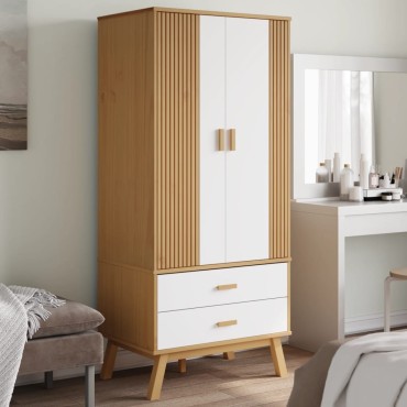 vidaXL Ντουλάπα OLDEN Λευκό & Καφέ 76,5x53x172cm Μασίφ Ξύλο Πεύκου 1 τεμ.