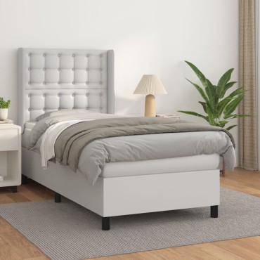 vidaXL Κρεβάτι Boxspring με Στρώμα Λευκό 90x190cm από Συνθετικό Δέρμα 1 τεμ. - Μονό