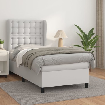 vidaXL Κρεβάτι Boxspring με Στρώμα Λευκό 90x190cm από Συνθετικό Δέρμα 1 τεμ. - Μονό