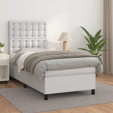 vidaXL Κρεβάτι Boxspring με Στρώμα Λευκό 90x190cm από Συνθετικό Δέρμα 1 τεμ. - Μονό
