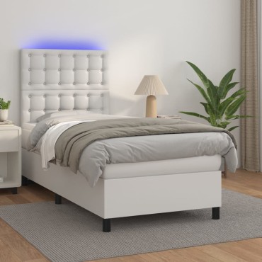 vidaXL Κρεβάτι Boxspring με Στρώμα & LED Λευκό 90x190cm Συνθ. Δέρμα 1 τεμ. - Μονό