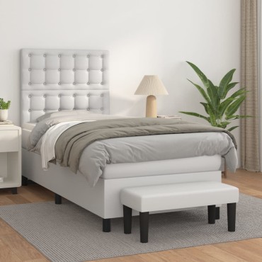 vidaXL Κρεβάτι Boxspring με Στρώμα Λευκό 90x190cm από Συνθετικό Δέρμα 1 τεμ. - Μονό