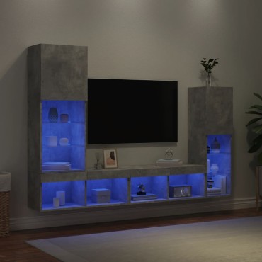 vidaXL Έπιπλα Τοίχου Τηλεόρασης 4 τεμ. LED Γκρι Σκυρ. από Επεξ. Ξύλο