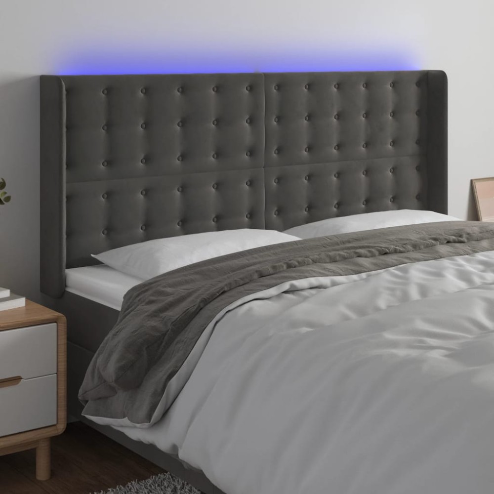 vidaXL Κεφαλάρι Κρεβατιού LED Σκούρο Γκρι 163x16x118/128cm Βελούδινο 1 τεμ.