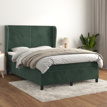 vidaXL Κρεβάτι Boxspring με Στρώμα Σκούρο Πράσινο 140x190cm Βελούδινο 1 τεμ. - Μονό