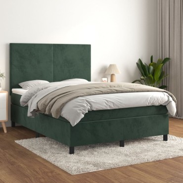 vidaXL Κρεβάτι Boxspring με Στρώμα Σκούρο Πράσινο 140x200cm Βελούδινο 1 τεμ. - Διπλό