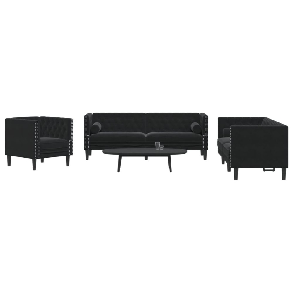vidaXL Καναπές Chesterfield Σετ 3 τεμ. με Στηρίγματα Μαύρο Βελούδο 71x74,5x70,5cm  Διθέσιος Τριθέσιος