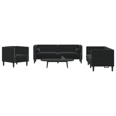 vidaXL Καναπές Chesterfield Σετ 3 τεμ. με Στηρίγματα Μαύρο Βελούδο 71x74,5x70,5cm  Διθέσιος Τριθέσιος