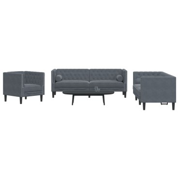 vidaXL Καναπές Chesterfield Σετ 3 τεμ. με Στηρίγματα Σκ. Γκρι Βελούδο 71x74,5x70,5cm  Διθέσιος Τριθέσιος