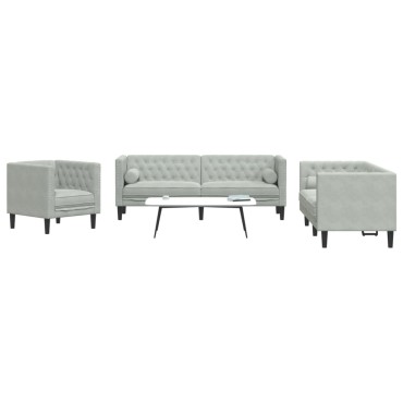 vidaXL Καναπές Chesterfield Σετ 3 τεμ. με Στηρίγματα Αν. Γκρι Βελούδο 71x74,5x70,5cm  Διθέσιος Τριθέσιος
