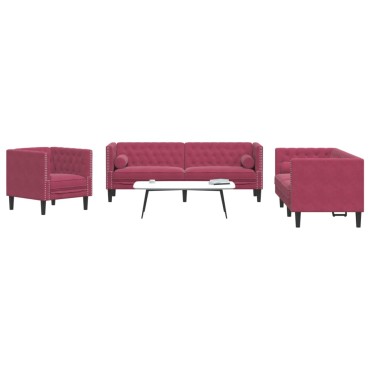 vidaXL Καναπές Chesterfield Σετ 3 τεμ. με Στηρίγματα Μπορντό Βελούδο 71x74,5x70,5cm  Διθέσιος Τριθέσιος
