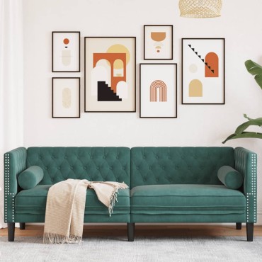 vidaXL Καναπές Τριθέσιος Chesterfield + Στηρίγματα Σκ. Πράσινο Βελούδο 194x74,5x70,5cm 1 τεμ.
