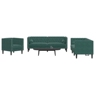 vidaXL Καναπές Chesterfield 3 τεμ. μαξιλάρια σκούρο πράσινο βελούδο 71x74,5x70,5cm  Διθέσιος Τριθέσιος