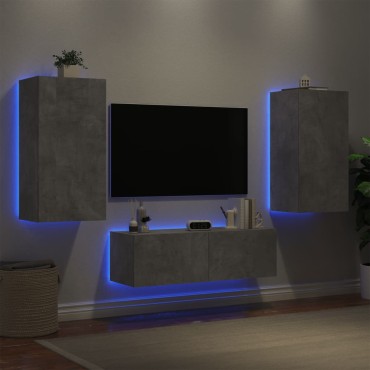 vidaXL Ντουλάπια Τηλεόρασης Τοίχου 3 τεμ. με Φώτα LED Γκρι Σκυροδέματος