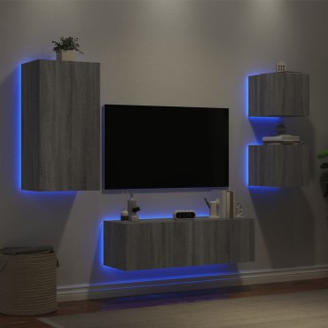 vidaXL Ντουλάπια Τηλεόρασης Τοίχου 4 τεμ. με Φώτα LED Γκρι Sonoma