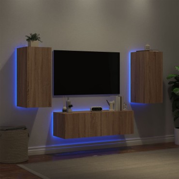 vidaXL Ντουλάπια Τηλεόρασης Τοίχου 3 τεμ. με Φώτα LED Sonoma Δρυς