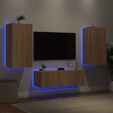 vidaXL Ντουλάπια Τηλεόρασης Τοίχου 3 τεμ. με Φώτα LED Sonoma Δρυς
