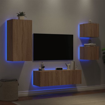 vidaXL Ντουλάπια Τηλεόρασης Τοίχου 4 τεμ. με Φώτα LED Sonoma Δρυς