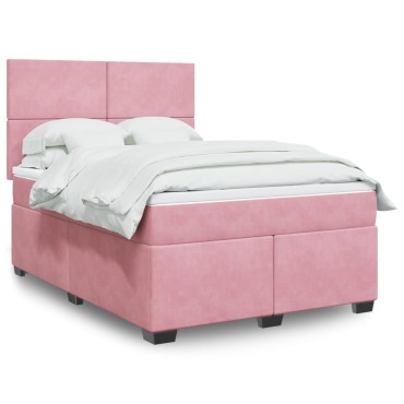 vidaXL Κρεβάτι Boxspring με Στρώμα Ροζ 140x200 εκ. Βελούδινο