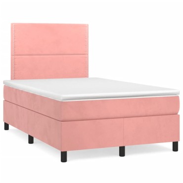 vidaXL Κρεβάτι Boxspring με Στρώμα & LED Ροζ 120x190 εκ. Βελούδινο