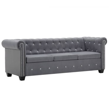 vidaXL Καναπές Τριθέσιος Chesterfield Γκρι 199x75x72cm Βελούδο 1 τεμ.