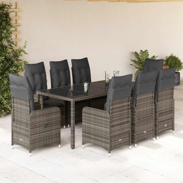 vidaXL Σετ Επίπλων Bistro Κήπου 9 τεμ. Γκρι Συνθετ. Ρατάν με Μαξιλάρια 54,5x58,5x92cm