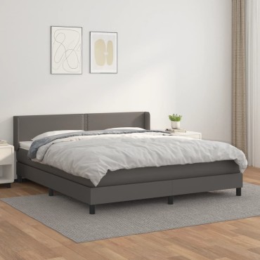 vidaXL Κρεβάτι Boxspring με Στρώμα Γκρι 180x200cm Συνθετικό Δέρμα 1 τεμ. - Διπλό