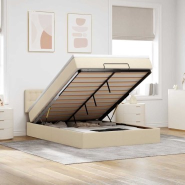 vidaXL Οθωμανικό κρεβάτι με στρώμα & LEDs Cream 140x190cm Ύφασμα - Μονό