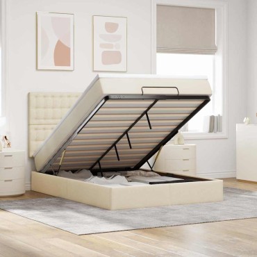 vidaXL Οθωμανικό κρεβάτι με στρώμα & LEDs Cream 140x190cm Ύφασμα - Μονό