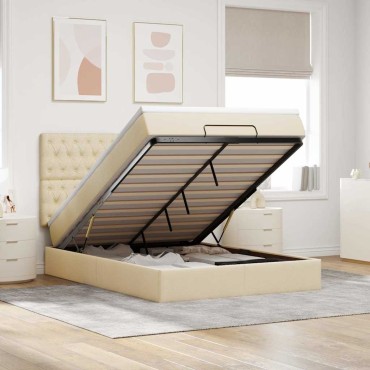 vidaXL Οθωμανικό κρεβάτι με στρώμα & LEDs Cream 140x190cm Ύφασμα - Μονό