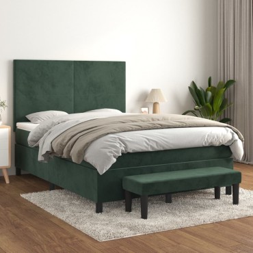 vidaXL Κρεβάτι Boxspring με Στρώμα Σκούρο Πράσινο 140x190cm Βελούδινο 1 τεμ. - Μονό