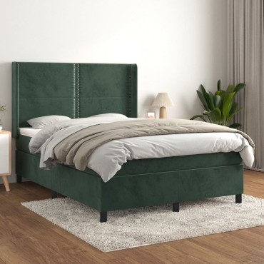 vidaXL Κρεβάτι Boxspring με Στρώμα Σκούρο Πράσινο 140x190cm Βελούδινο 1 τεμ. - Μονό