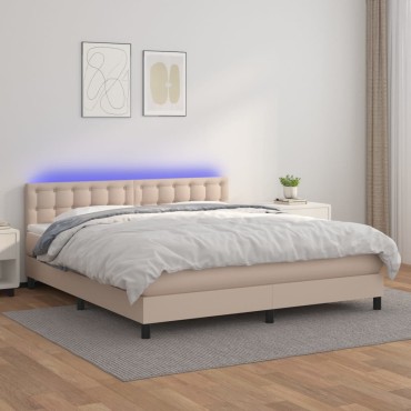 vidaXL Κρεβάτι Boxspring Στρώμα&LED Καπουτσίνο 180x200 εκ. Συνθ. Δέρμα