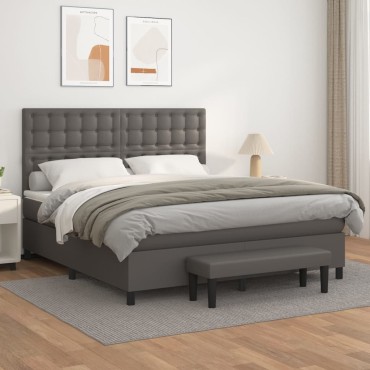 vidaXL Κρεβάτι Boxspring με Στρώμα Γκρι 180x200cm Συνθετικό Δέρμα 1 τεμ. - Διπλό