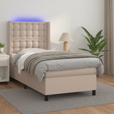 vidaXL Κρεβάτι Boxspring Στρώμα&LED Καπουτσίνο 90x190 εκ. Συνθ. Δέρμα