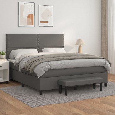 vidaXL Κρεβάτι Boxspring με Στρώμα Γκρι 180x200cm Συνθετικό Δέρμα 1 τεμ. - Διπλό