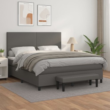 vidaXL Κρεβάτι Boxspring με Στρώμα Γκρι 180x200cm Συνθετικό Δέρμα 1 τεμ. - Διπλό