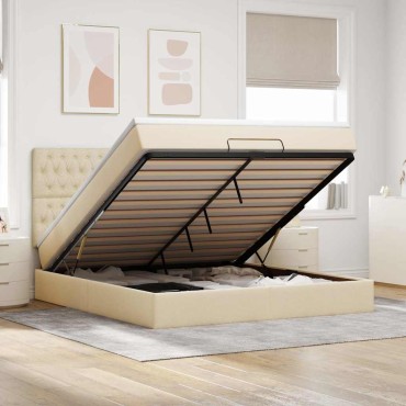 vidaXL Οθωμανικό κρεβάτι με στρώμα & LEDs Cream 160x200cm ύφασμα - Διπλό