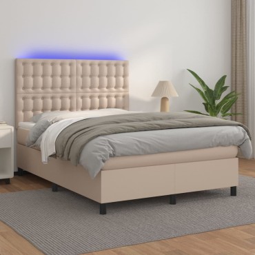 vidaXL Κρεβάτι Boxspring Στρώμα&LED Καπουτσίνο 140x190 εκ. Συνθ. Δέρμα