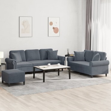 vidaXL Σετ Σαλονιού 3 τεμ. Σκ. Γκρι Βελούδινο με Μαξιλάρια 60x50x41cm  Διθέσιος Τριθέσιος